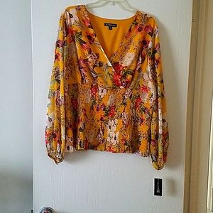 Floral mustard colored blouse with gold metallic strip